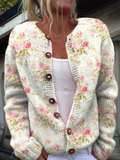 Fresh Pink Flowers and Green Leaves Print | Buttoned Cardigan Sweater