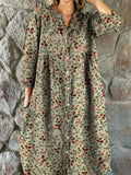 Women’s Retro Floral Cotton Shirt Dress with Pockets