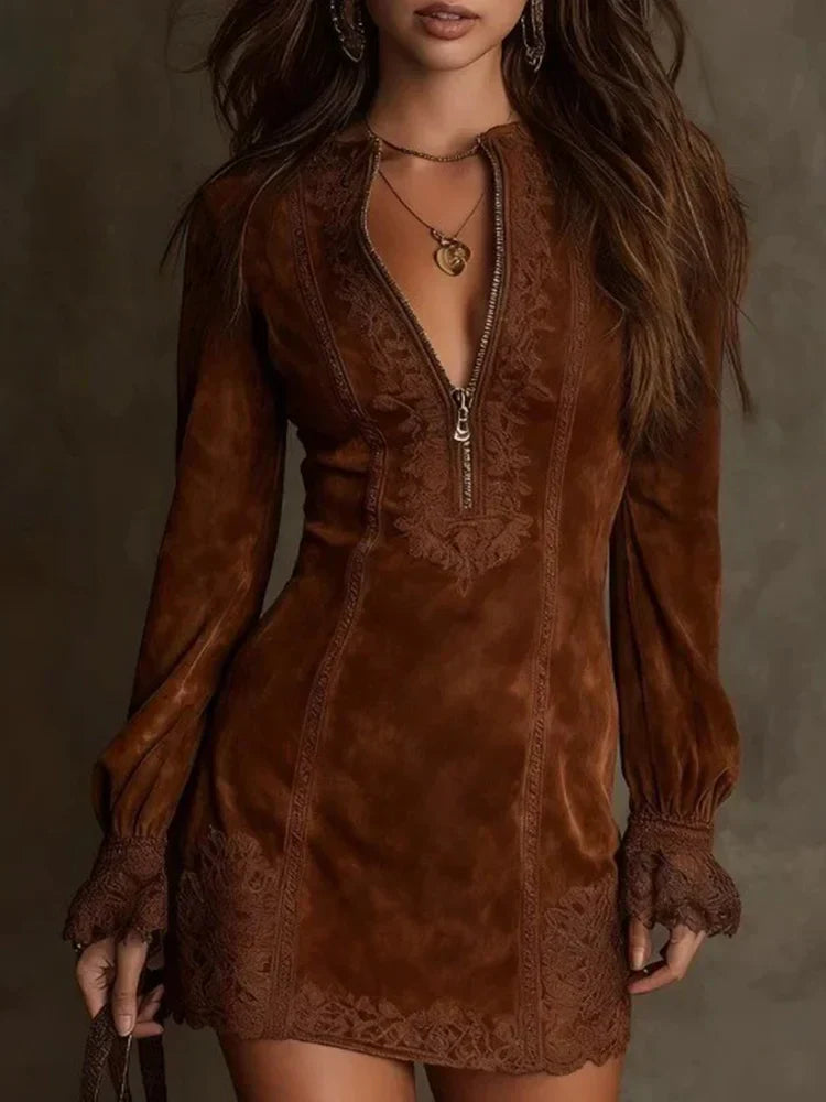 Short Suede Lace Dress Feminine & Sophisticated