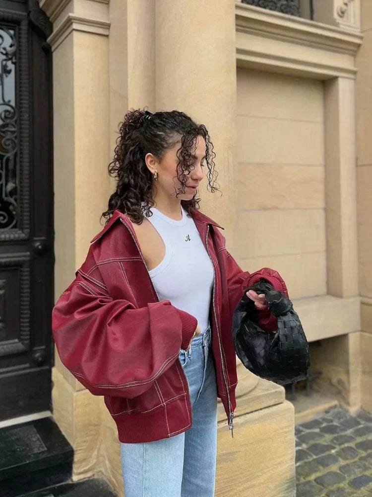 Samantha | Women’s Oversized Leather Bomber Zip Jacket